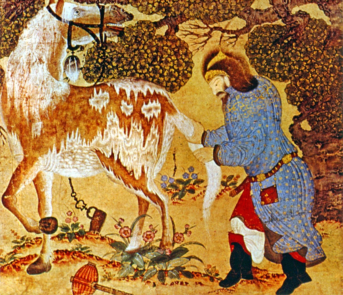 Atın kuyruğuna düğüm atan savaşçıyı tasvir eden XV. yüzyıla ait bir minyatür (TSM, Hazine, nr. 2160)