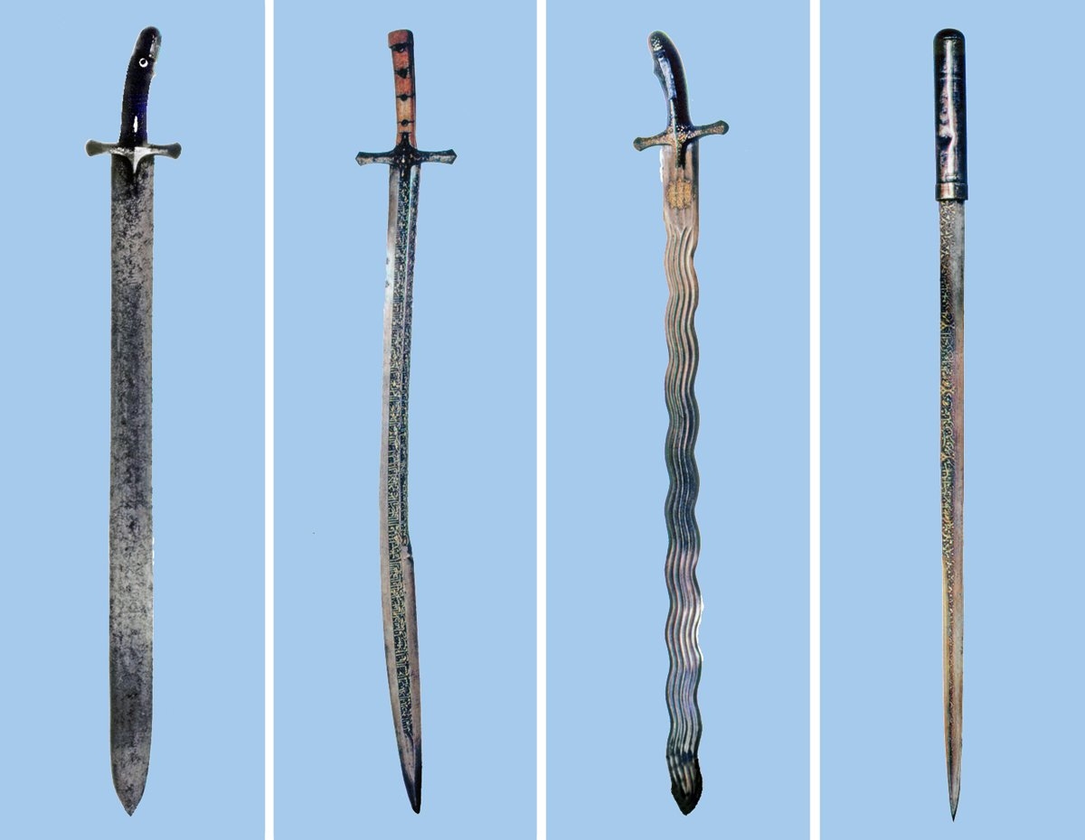 Çeşitli kılıç tipleri (soldan sağa):Düz, eğri, burmalı (yılankavî), meç (miğvel)