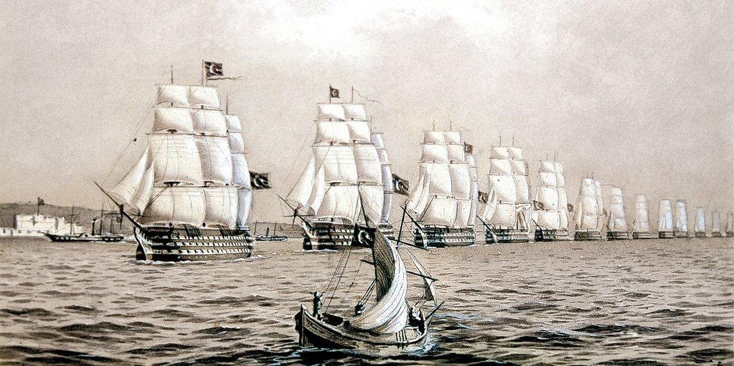 Yelkenli gemilerden oluşan Osmanlı donanmasını 1247’de (1831) Akdeniz’de seyrederken gösteren bir resim (Hüsnü Tengüz Albümü, İstanbul Deniz Müzesi, nr. 578, vr. 22a)