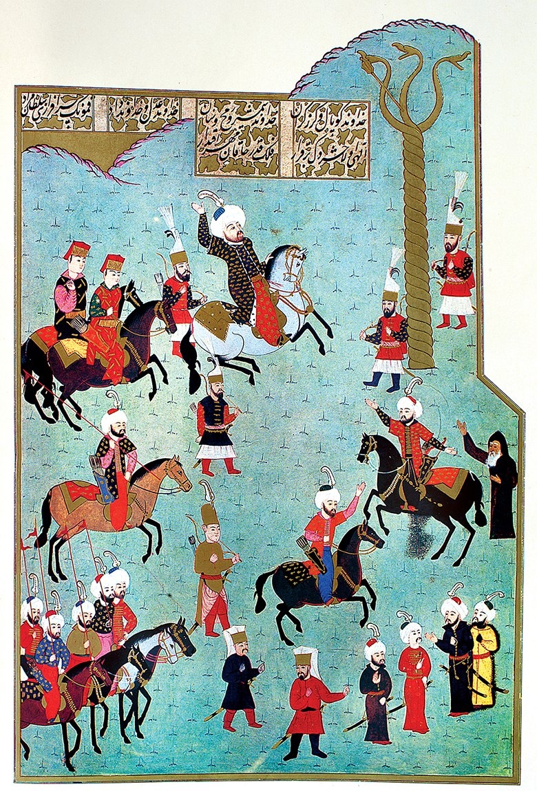 Fâtih Sultan Mehmed’in Yılanlı Sütun’a şeşper atması sırasında Ermeni ruhanî reisinin onu selâmlamasını gösteren minyatür (Hünernâme, TSMK, Hazine, nr. 1524, vr. 162b)