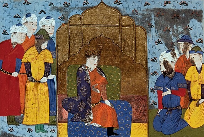 Enûşirvân’ı tahtında gösteren bir minyatür(Firdevsî, Şâhnâme, İÜ Ktp., FY, nr. 1406, vr. 193a)