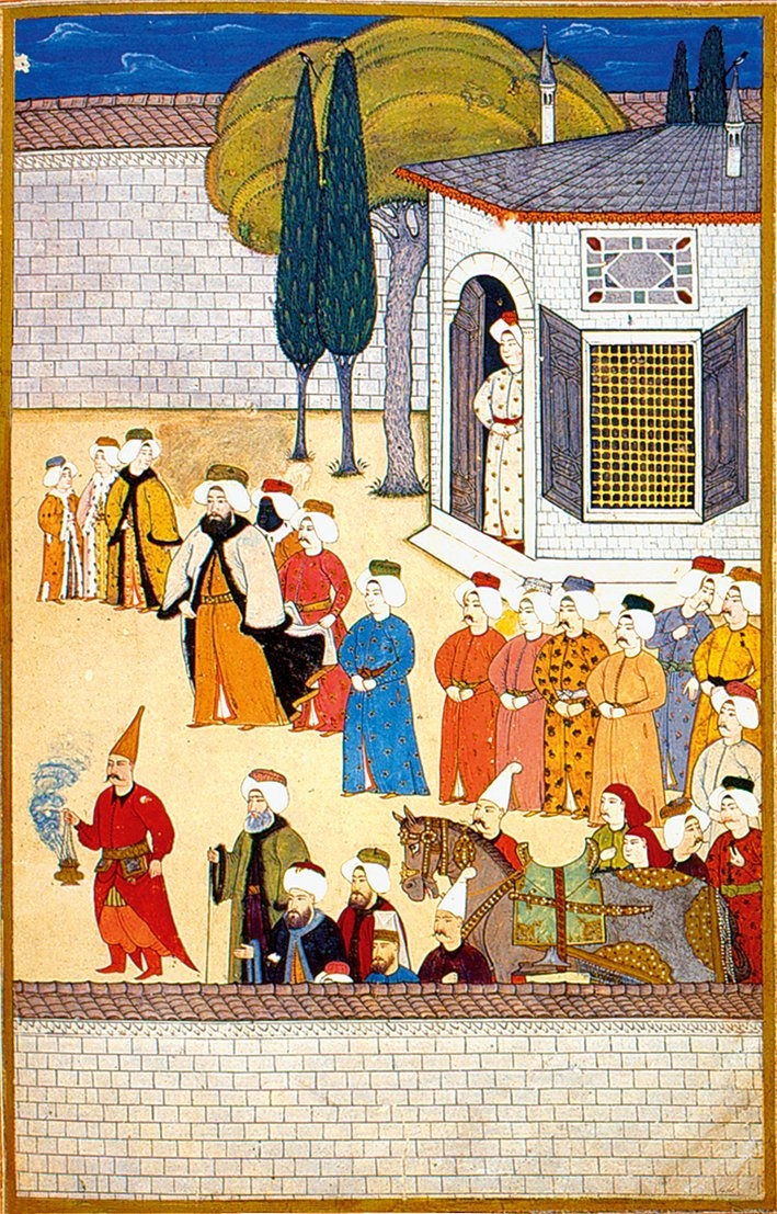 Padişahın Sarây-ı Atîk-i Âmire’yi ziyaretini tasvir eden bir minyatür (Surnâme, TSMK, III. Ahmed, nr. 3593, vr. 6b)