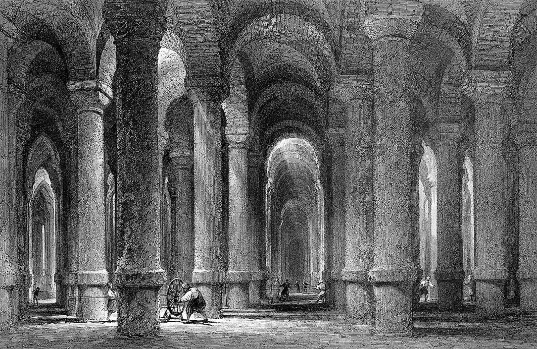 Thomas Allom tarafından XIX. yüzyılın ilk yarısında yapılan ve Binbirdirek Sarnıcı içinde çalışan ipek işçilerini gösteren gravür (R. Walsh, Constantinople and the Scenery of the Seven Churches of Asia Minor, London 1839, I, lv. 6)