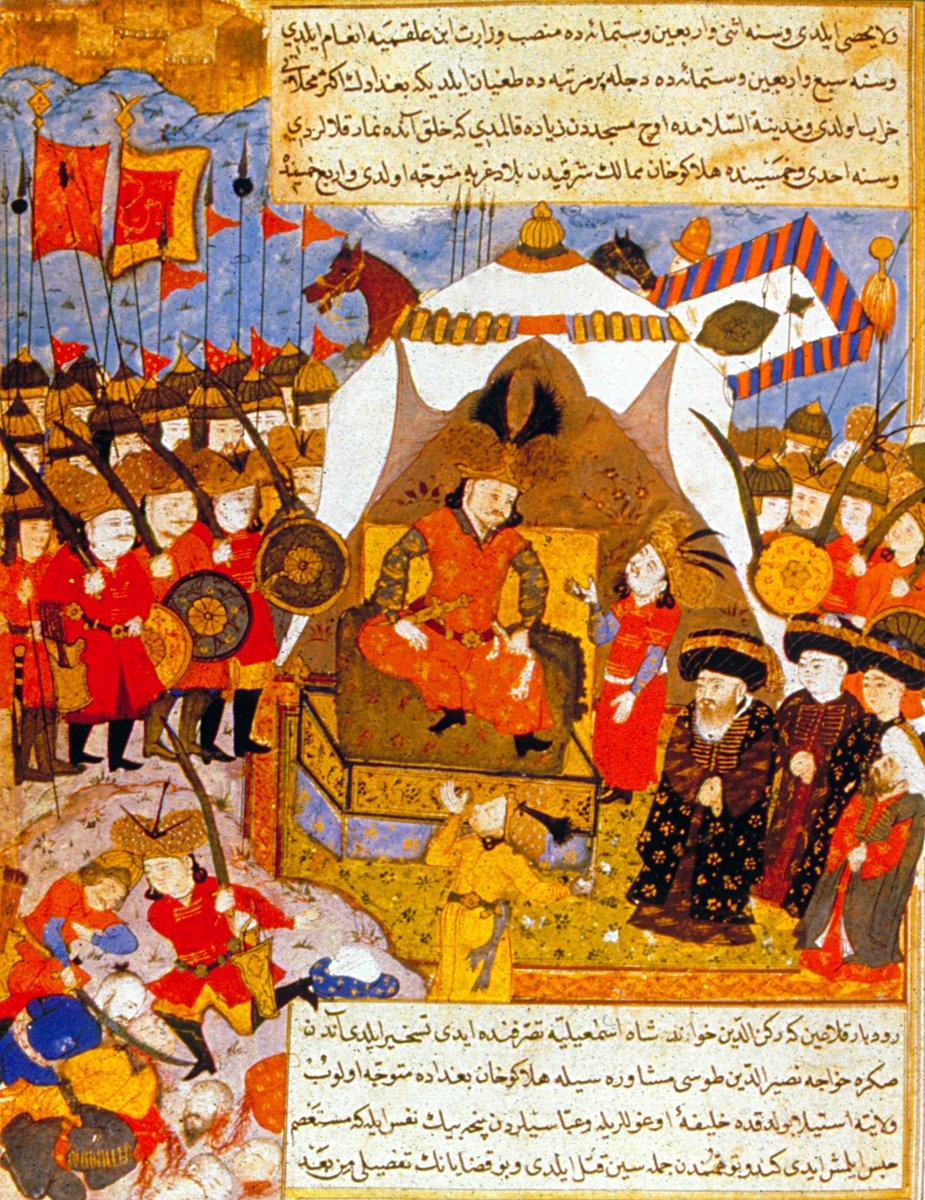 Hülâgû Han’ı tahtında tasvir eden bir minyatür (Sühreverdî, Câmiʿu’s-siyer, TSMK, Hazine, nr. 1230, vr. 87a)