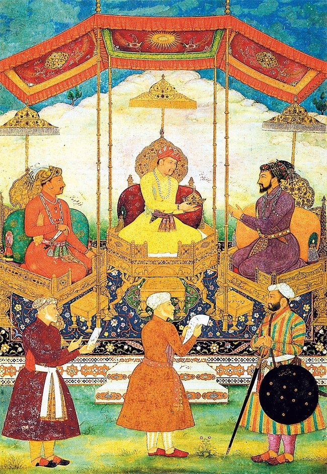 Bâbürlü Hükümdarı Ekber Şah’ın imparatorluk tacını Şah Cihan’a vermesini tasvir eden bir minyatür (Dublin Chester Beatty Library, MS, nr. 7)