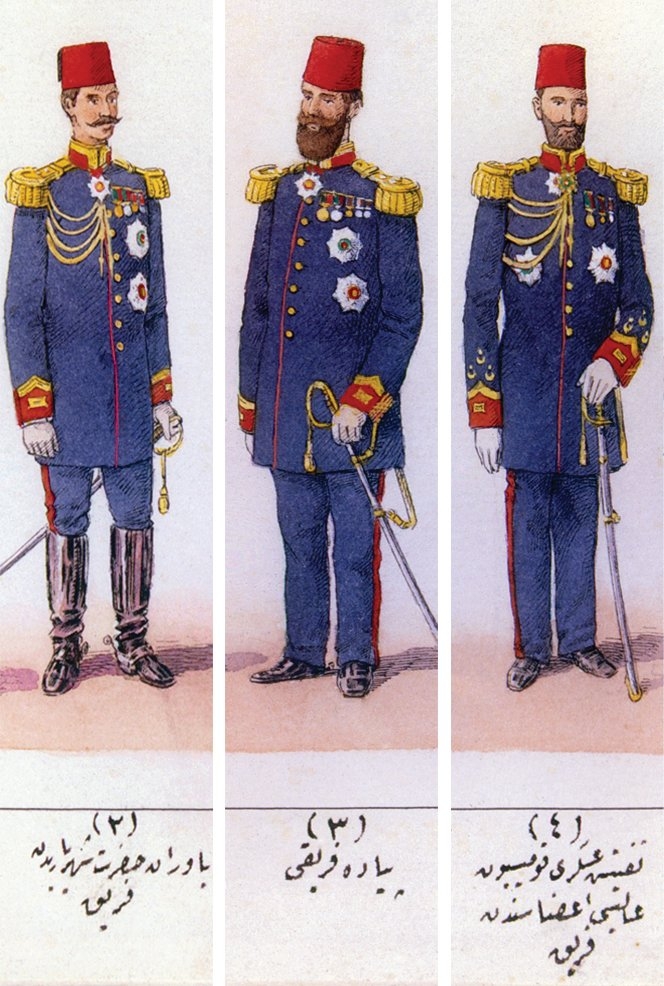 II. Abdülhamid devri ferik kıyafetleri (M. Şevket Paşa, Osmanlı Teşkilât ve Kıyâfet-i Askeriyyesi, İÜ Ktp., TY, nr. 4423)