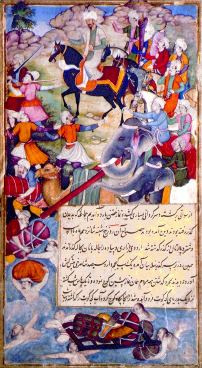 Bâbür’ün askerleriyle bir nehri geçişini tasvir eden minyatür