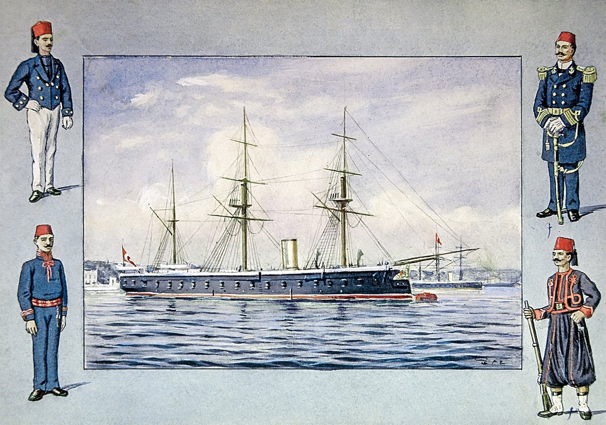 Sultan Abdülaziz devrinde bahriye kıyafetleri ve bir firkateyn (Hasan Hüsnü Tengüz Albümü, İstanbul Deniz Müzesi, nr. 578, vr. 33a)