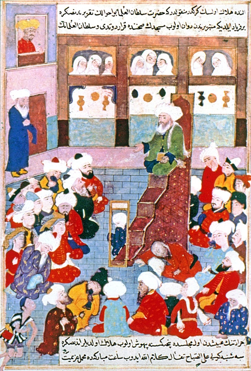 Bahâeddin Veled’i vaaz verirken tasvir eden bir minyatür (Muhammed Tâhir b. Şeyh Nûrullah en-Necîbî es-Sühreverdî, Câmiu’s-siyer, TSMK, Hazine, nr. 1230, vr. 112a)
