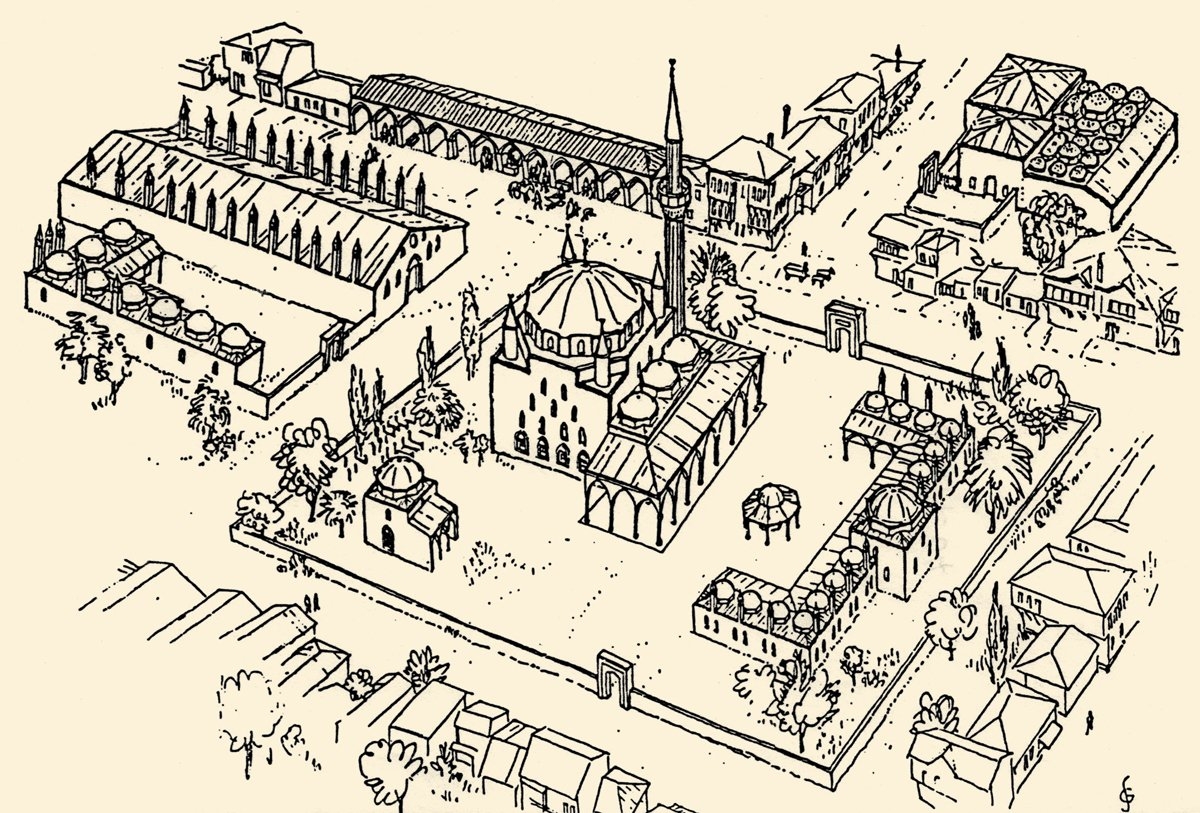 Hezargrad İbrâhim Paşa Külliyesi’nin XVII. yüzyıl başlarındaki konumunu gösteren Machiel Kiel ve Gerd Schneider’in hazırladığı rekonstrüksiyon