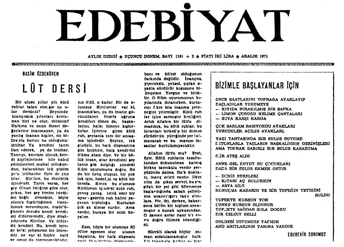 Edebiyat dergisinin 19. sayısının ilk sayfası (Aralık 1971)