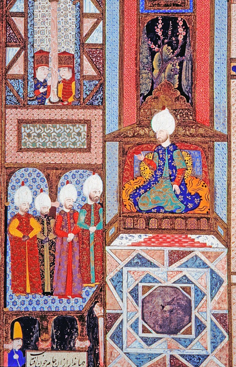 İskender Paşa’nın (sağ başta), Cemşîd’e izâfe edilen la‘l kadehi Kanûnî Sultan Süleyman’a sunuşunu tasvir eden bir minyatür (Süleymannâme, TSMK, Hazine, nr. 1517, vr. 557a)