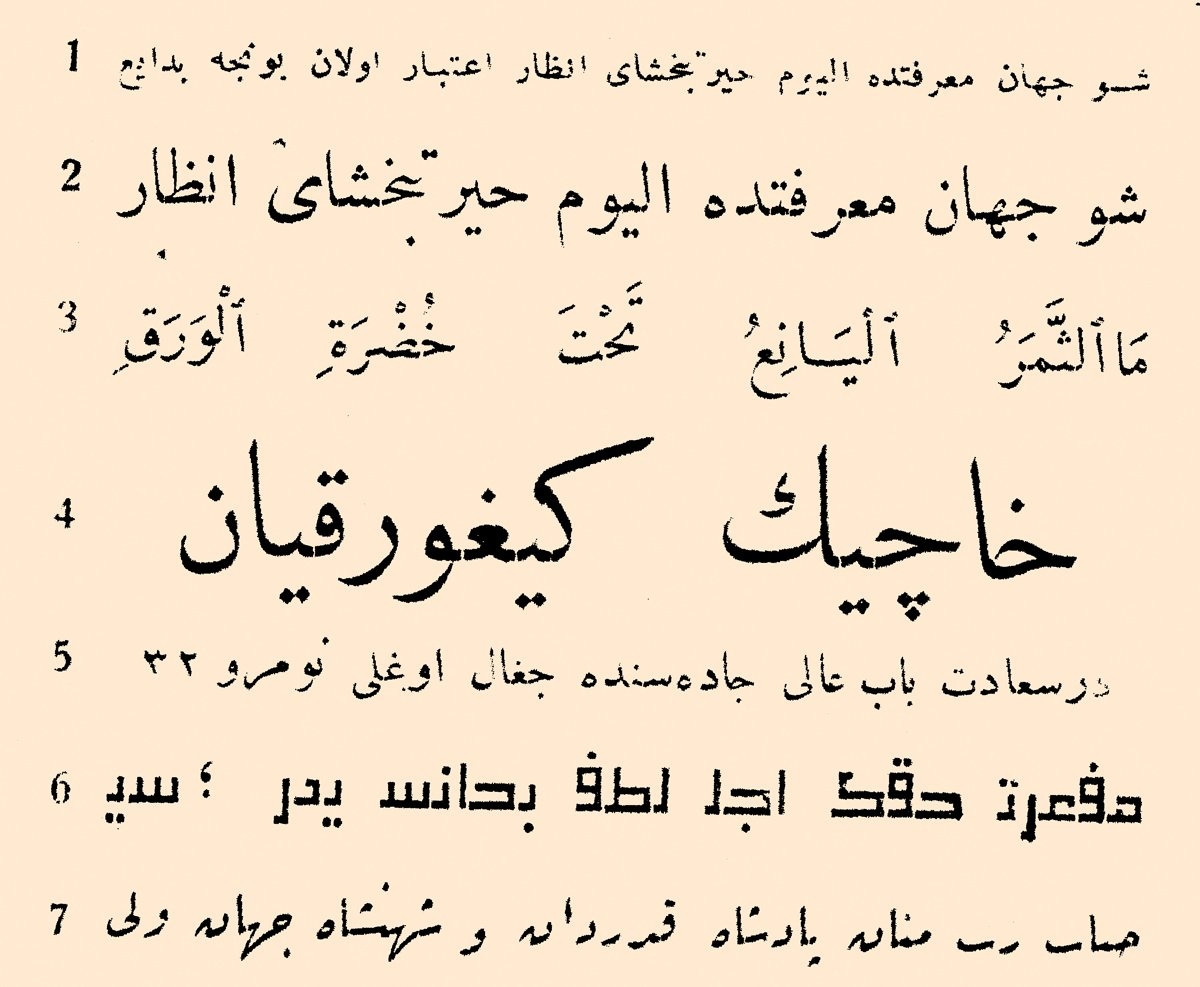 Haçik Kevorkyan’ın değişik puntolarda nesih (1, 2, 3 [harekeli], 4, 5), kûfî (6) ve rik‘a (7) hurufatı örnekleri