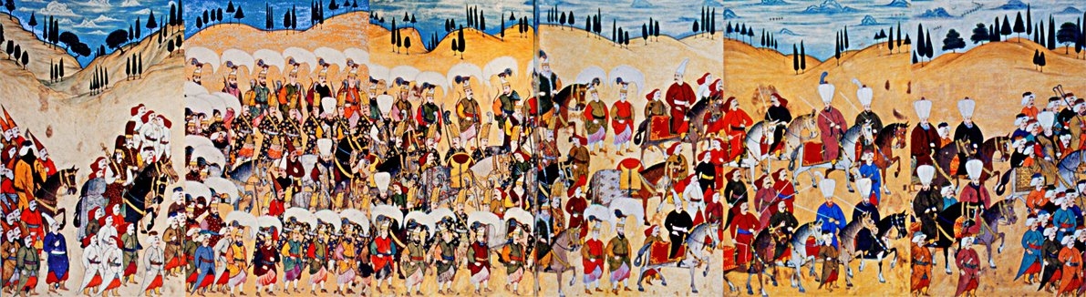 III. Ahmed ve saray görevlilerini resmî kıyafetleriyle sünnet düğününe giderken gösterenLevnî tarafından yapılmış minyatür(Atıl, Levnî ve Surnâme, İstanbul 1999, s. 58-59)