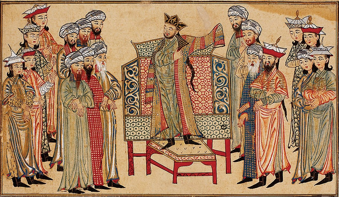 Gazneli Sultan Mahmud’u hil‘at giyme töreninde kaftanıyla tasvir eden bir minyatür (Reşîdüddin Fazlullāh-ı Hemedânî, Câmiʿu’t-tevârîḫ, Edinburg University Library, MS. Arab, nr. 20, vr. 121b)