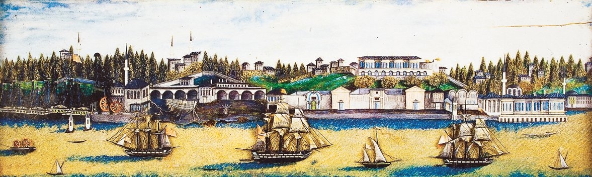 1831 yılına ait bir çekmecenin üzerinde Tersâne-i Âmire ve Haliç’te kalyonların tasviri (TSMK, CY, nr. 455)