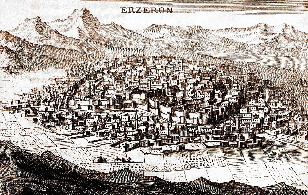 Erzurum’un XVIII. yüzyıldaki durumunu gösteren bir gravür (M. Pitton de Tournefort, Relation d’un voyage du Levant, Amsterdam 1718, I, 111)