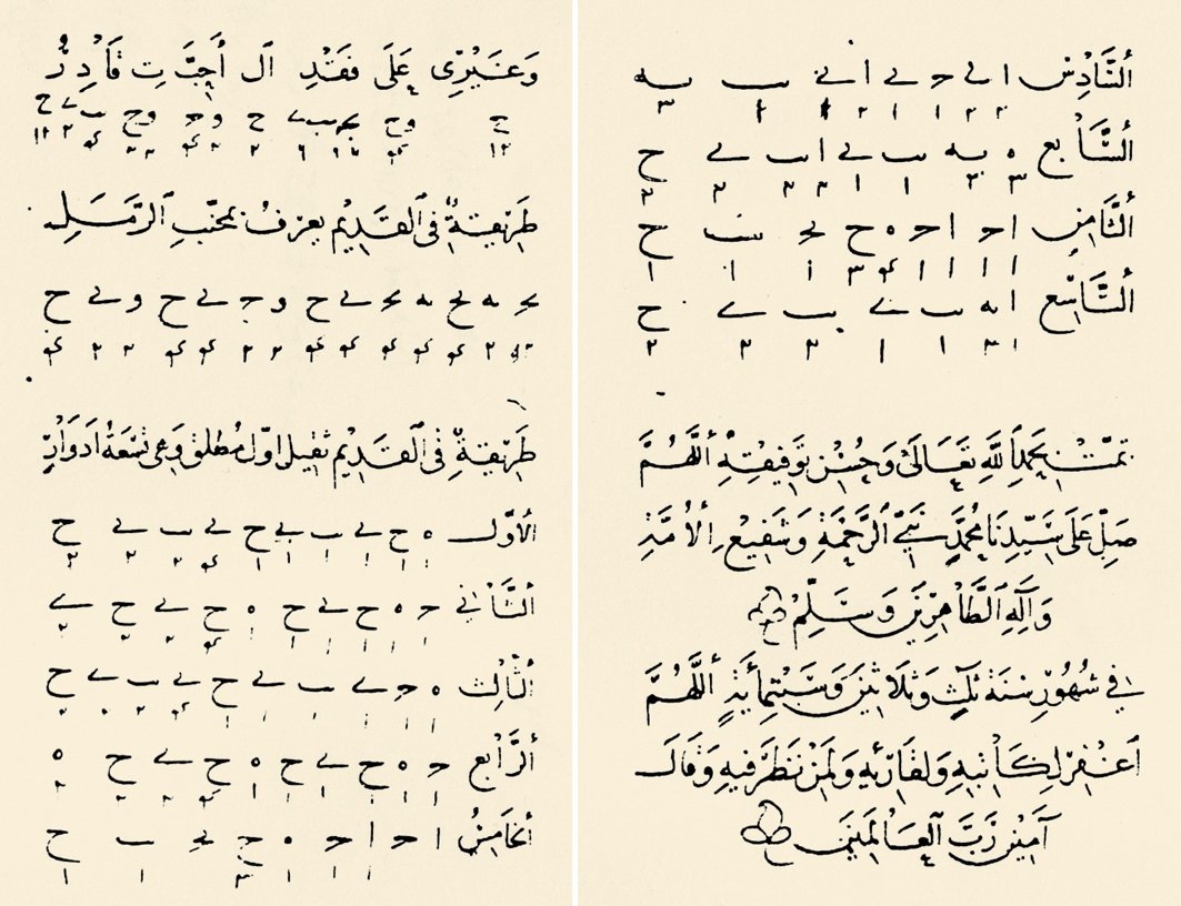 Safiyyüddin el-Urmevî’nin ebced sistemi ile yazılmış bestesinden bir bölüm (Kitâbü’l-Edvâr, Nuruosmaniye Ktp., nr. 3653/1, vr. 47b-48a)