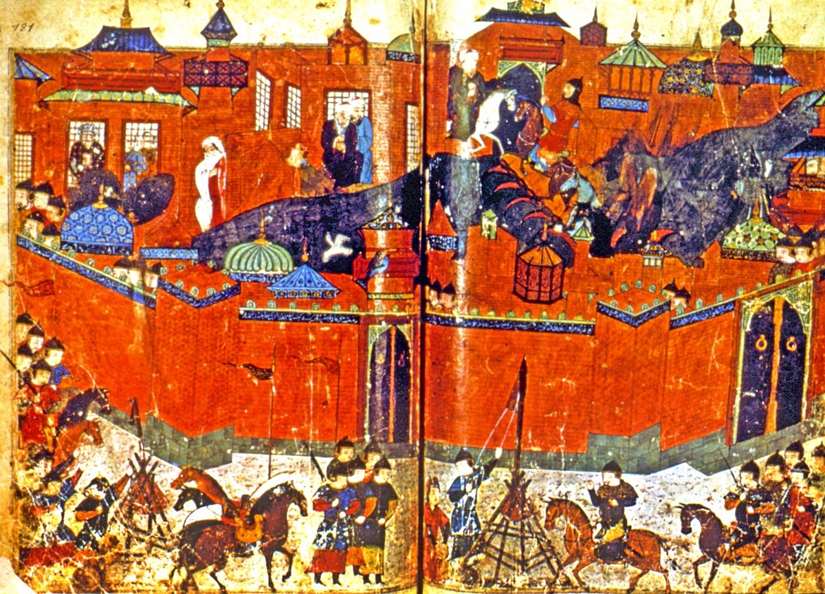 Bağdat’ın Moğollar tarafından yağmalanmasını gösteren XIV. yüzyıl sonlarında yapılmış bir minyatür (Bibliothèque Nationale, Ms. Pers, nr. 113, s. 180-181)