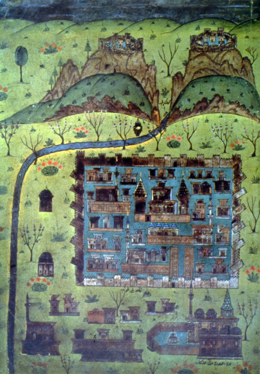 Konya iç kalesini gösteren XVI. yüzyılın ilk yarısına ait bir minyatür (Matrakçı Nasuh, Beyân-ı Menâzil-i Sefer-i Irâkeyn, İÜNEK, TY, nr. 5964, vr. 17a)