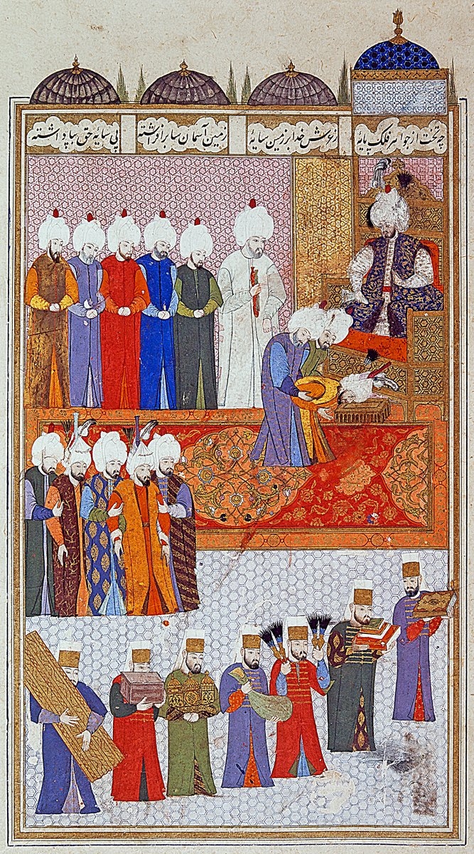 İran elçisi Tokmak Han’ın Sultan III. Murad’ın huzuruna kabulünü gösteren bir minyatür(Lokmân b. Hüseyin el-Asurî, Şehinşâhnâme,İÜ Ktp., FY, nr. 1404, vr. 41b)