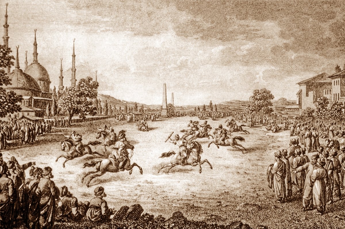 XIX. yüzyılda bir cirit oyununu gösteren L. Fuhrman’ın gravürü (E. Raczyński, Malerische Reise in einigen Provinzen des Osmanischen Reichs, Breslau 1825, lv. 10)