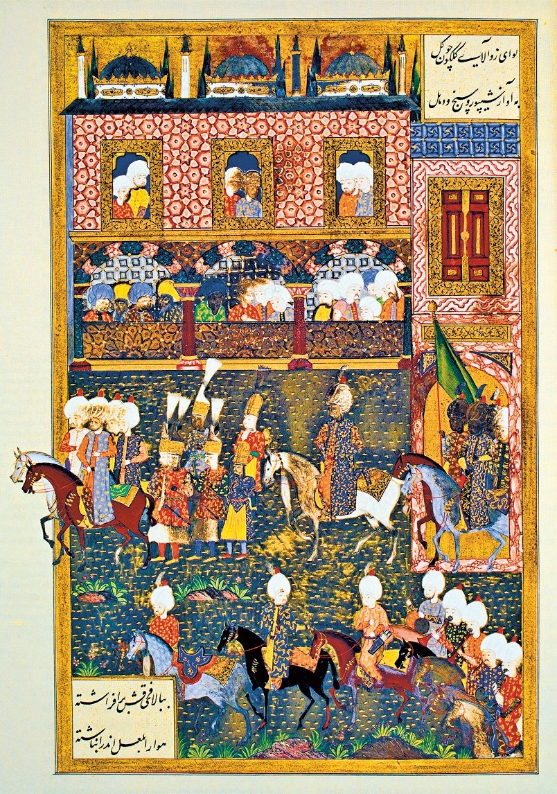 Şehzadelerin sancağa gitmek üzere saraydan ayrılmalarını tasvir eden bir minyatür (Ârifî, Süleymannâme, TSMK, Hazine, nr. 1517, vr. 445a)