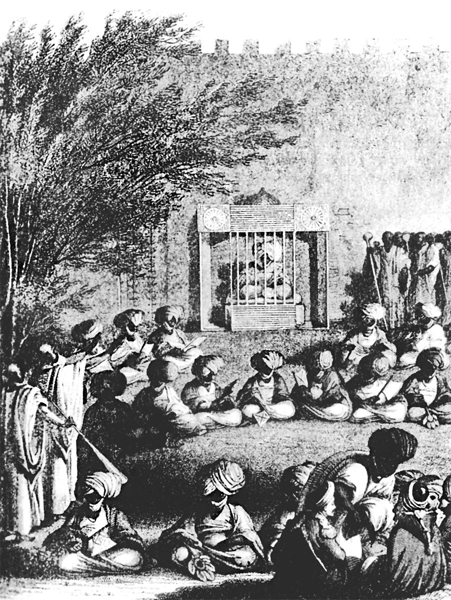 Avrupalı seyyahlardan Denham ve Clapperton heyetinin Kânim-Bornu sultanı tarafından 1820’li yıllarda kabulünü gösteren temsilî bir resim (Histoire générale de l’Afrique, V, rs. 17.5)