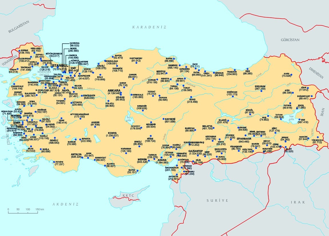 Türkiye’de nüfusu 50.000’in üstünde olan yerleşim yerlerinin dağılımı (31.12.2010)