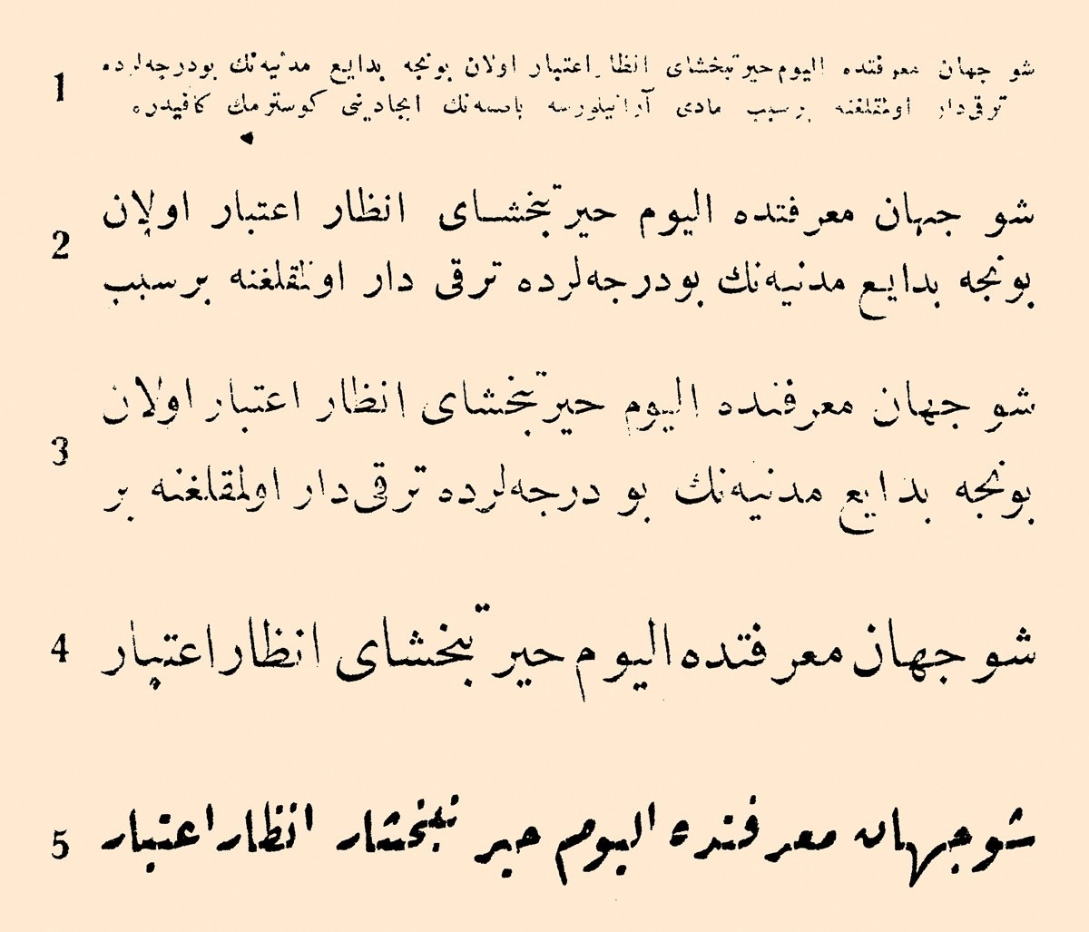 Ohannes Mühendisyan’ın değişik puntolarda nesih (1, 2, 3, 4) ve rik‘a (5) hurufatı örnekleri