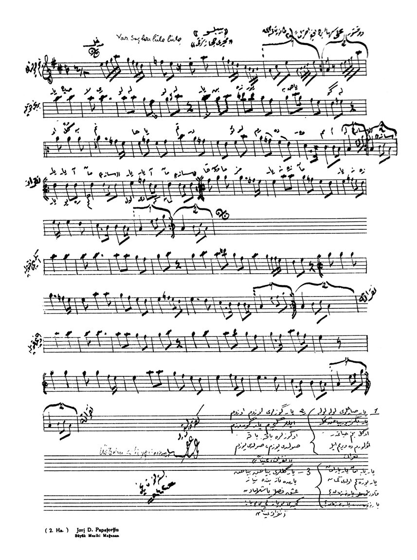Mustafa Yesâri Âsım Arsoy’un kendi el yazısıyla “Yar saçların lüle lüle” mısraıyla başlayan şarkısının notası