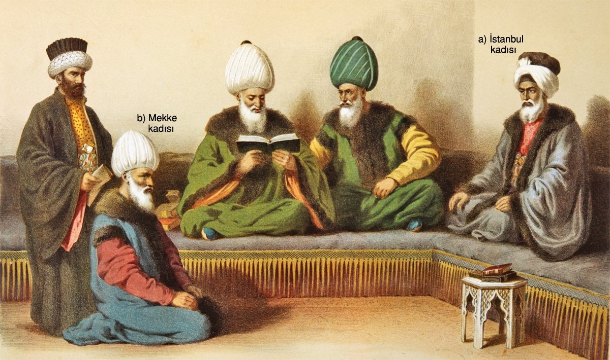 Temsilî bir resimde a) İstanbul kadısı, b) Mekke kadısı (Ârif Mehmed Paşa, Mecmûa-i Tesâvir-i Osmâniyye, İstanbul 1279)