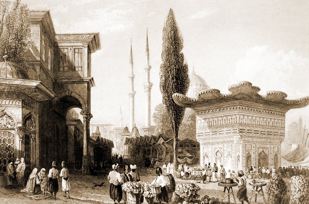 Tophane’de Meydan Çeşmesi’nin önündeki pazar yerinin tasvir edildiği gravür (Julia Pardoe, The Beauties of the Bosphorus, London 1835, s. 72)