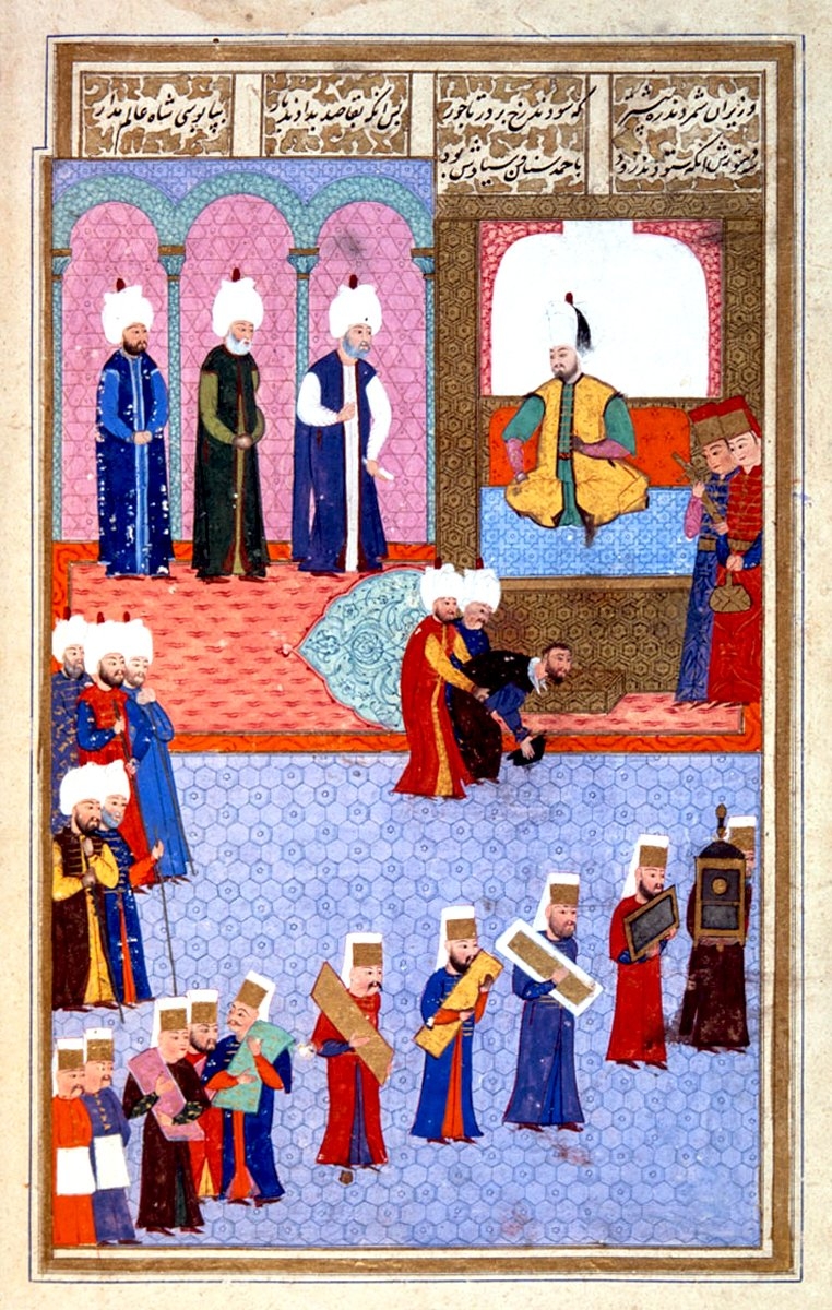 III. Murad’ın cülûs merasiminde İran elçisinin huzura kabulünü tasvir eden bir minyatür (Şehinşâhnâme, İÜ Ktp., FY, nr. 1404, vr. 41b)
