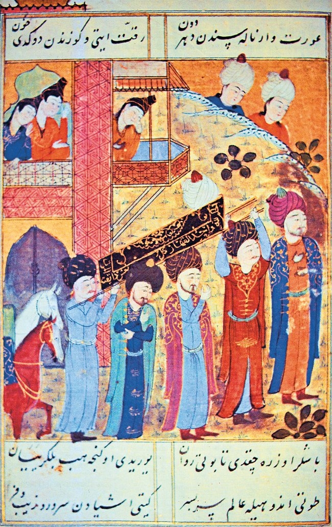 Kürtçe şiirler yazan Şükrî-i Bitlisî’nin Selimnâme’sinde II. Bayezid’in cenaze alayınıtasvir eden minyatür(TSMK, Hazine, nr. 1597-1598, vr. 62a)