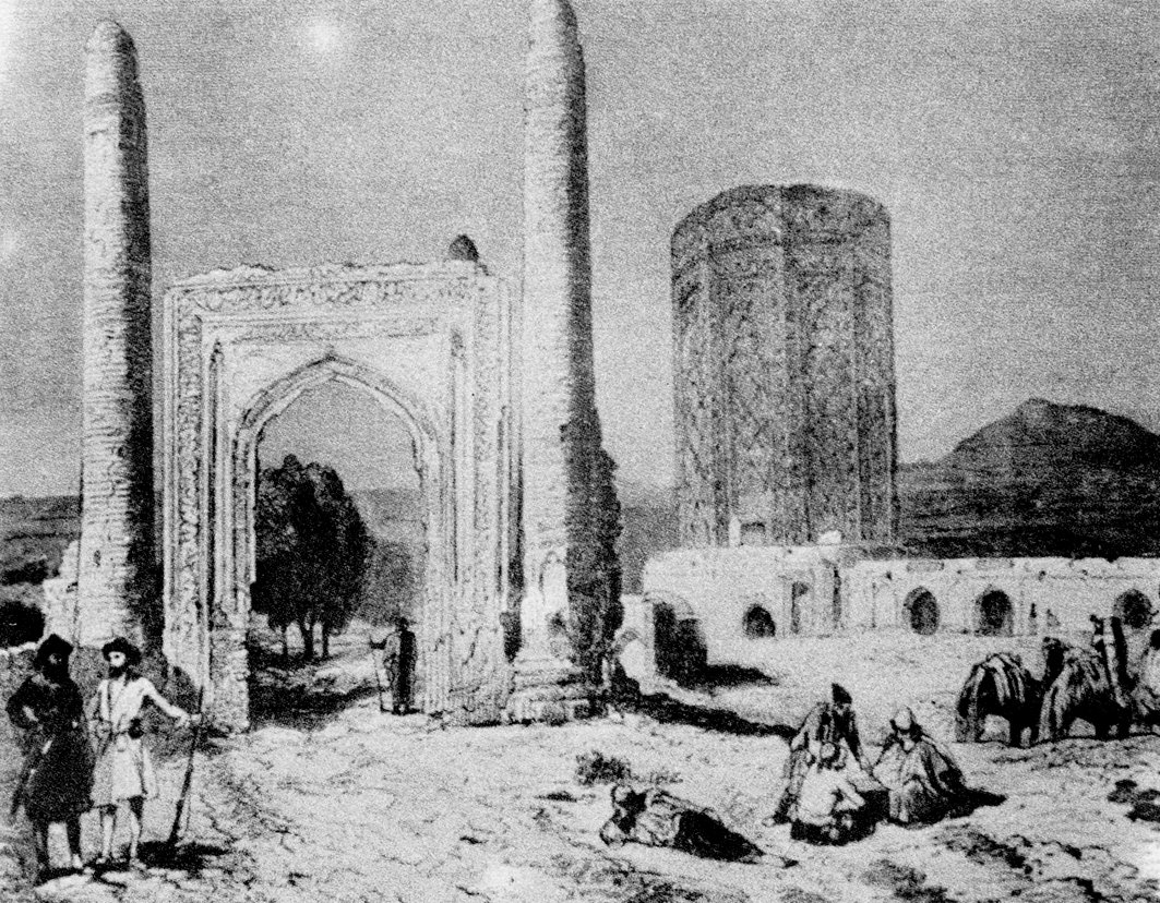 XIX. yüzyılda J. Laurens tarafından yapılan bir gravürde Nahcıvan’da Mümine Hatun Kümbeti ve yakınındaki çifte minareli kapı (Elisé Reclus, Nouvelle géographie universelle, VI [1981], s. 176)