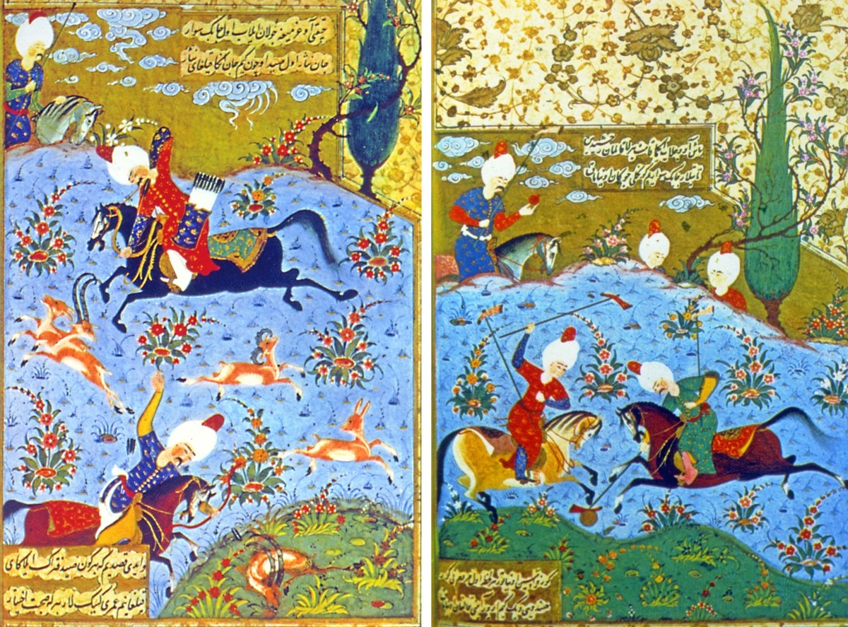 Ali Şîr Nevâî’nin divanında, avlananları ve çevgân oynayanları tasvir eden iki minyatür(TSMK, Revan Köşkü, nr. 804, vr. 52b, 89b)