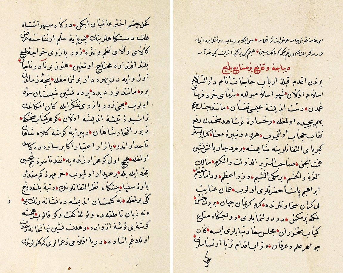 Nâdir’in Vekāyi‘-i Pür-Sanâyi‘-i Bedâyi‘ adlı eserinin ilk iki sayfası (TSMK, Hazine, nr. 367)