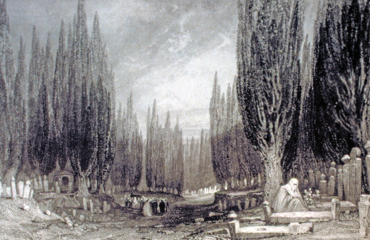 XIX. yüzyılda Karacaahmet Mezarlığı’nı tasvir eden Thomas Allom’un gravürü (R. Walsh, Constantinople and the Scenery of the Seven Churches of Asia Minor, London 1839, I, lv. 5)