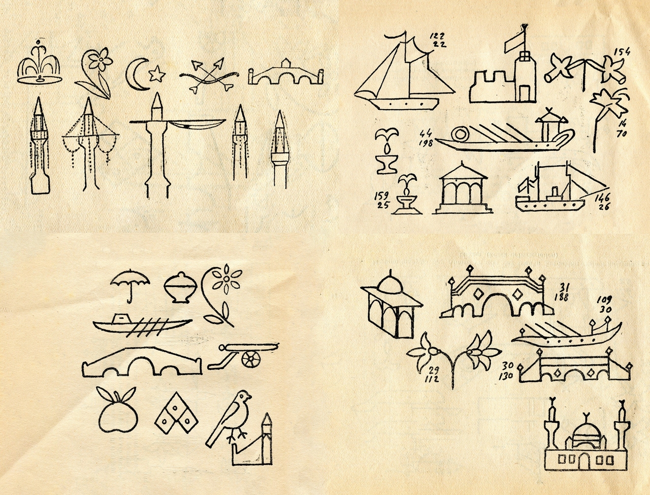 Mahya hakkında ilk araştırmaları yayımlayan Ahmet Süheyl Ünver’in mahya çizimlerinden örnekler (Mahya Hakkında Araştırmalar, İstanbul 1940)