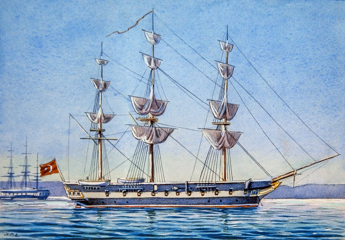 II. Mahmud zamanında (1808-1839) Mimar Ahmed Kalfa tarafından inşa edilen Feyz-i Ma‘bûd adlı korvet (Hasan Hüsnü Tengüz Albümü, İstanbul Deniz Müzesi, nr. 578, vr. 26a)