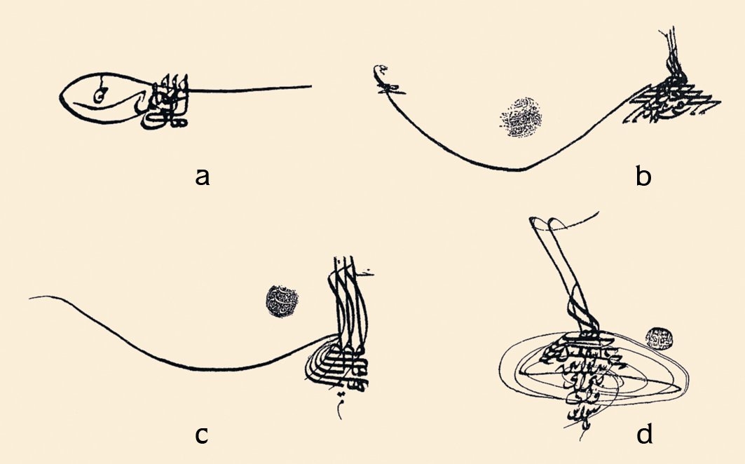 Çeşitli pençe tipleri: a) Beyzeli pençe, b) Uzun keşîdeli pençe, c) Kısa keşîdeli pençe, d) İmza yerine pençe