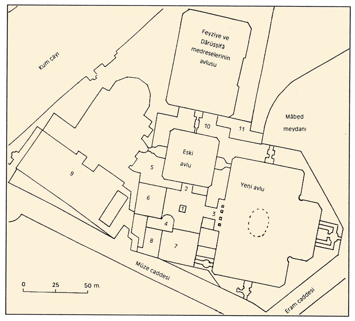 Kum’da Fâtıma el-Ma‘sûme Külliyesi’nin planı(1. Fâtıma mezarı. 2. Altın eyvanı. 3. Aynalı eyvan.4. II. Abbas ile otuz bir Safevî padişahı ve şehzadesinin mezarları. 5. Feth Ali Şah ve Muhammed Şah’ın mezarları. 6. Bâlâ-i Ser Camii.7. Müze Camii. 8. Müze. 9. A‘zam Camii.10. Kütüphane. 11. Mâbedin vakıf müdürlüğü)