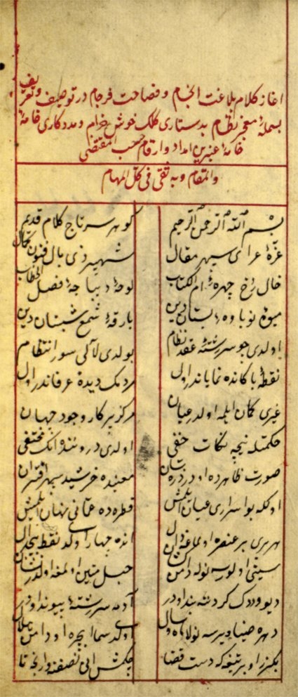 Cinânî’nin Riyâzü’l-cinân adlı eserinin ilk sayfası (Süleymaniye Ktp., Ayasofya, nr. 1833)