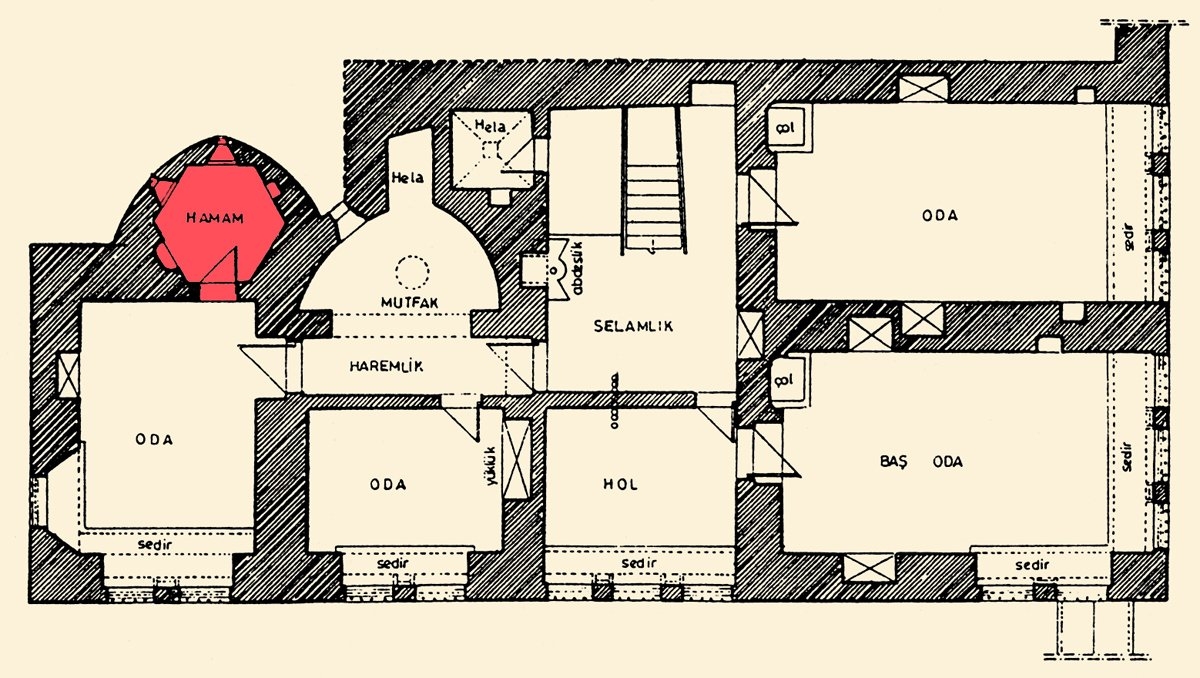 Bitlis’te Yûsuf Paşa Konağı’nın planı (hamam bölümü renklendirilmiştir)