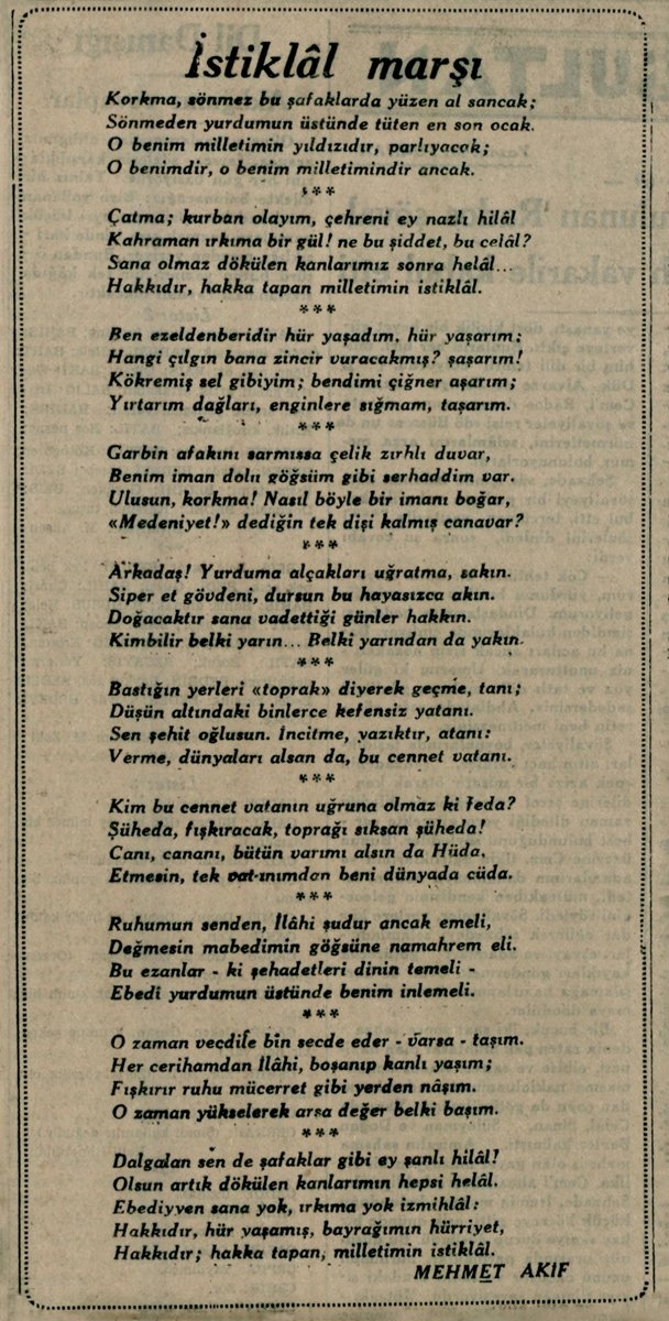 İstiklâl Marşı’nın Cumhuriyet gazetesinin18 Mart 1933 tarihli sayısında yayımlanmış hali(İstanbul Belediyesi Atatürk Kitaplığı Arşivi)