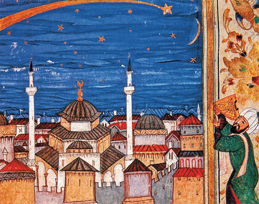 985’te (1577) İstanbul semalarında görünen kuyruklu yıldızın bir astronom tarafındankadranla gözlenişini tasvir eden minyatür(Nusretnâme, TSMK, Hazine, nr. 1365)