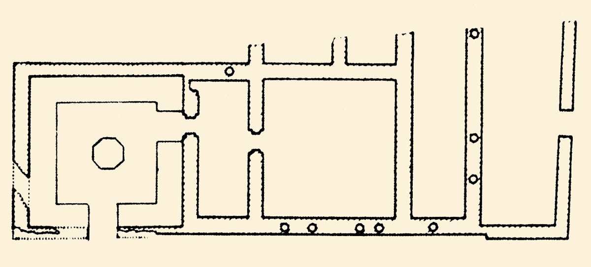 Macaristan’da Peçuy şehrinde yapılan kazıda bir kısmı bulunan Memi Paşa Hamamı’nın planı (Gyözü Gerö, “Das Neuerdings Fraigelegte Memi Paşa-bad in Pecs”, Ars Turcica: Akten des VI. Internationalen Kongresses für Türkische Kunst 1979, München 1987)