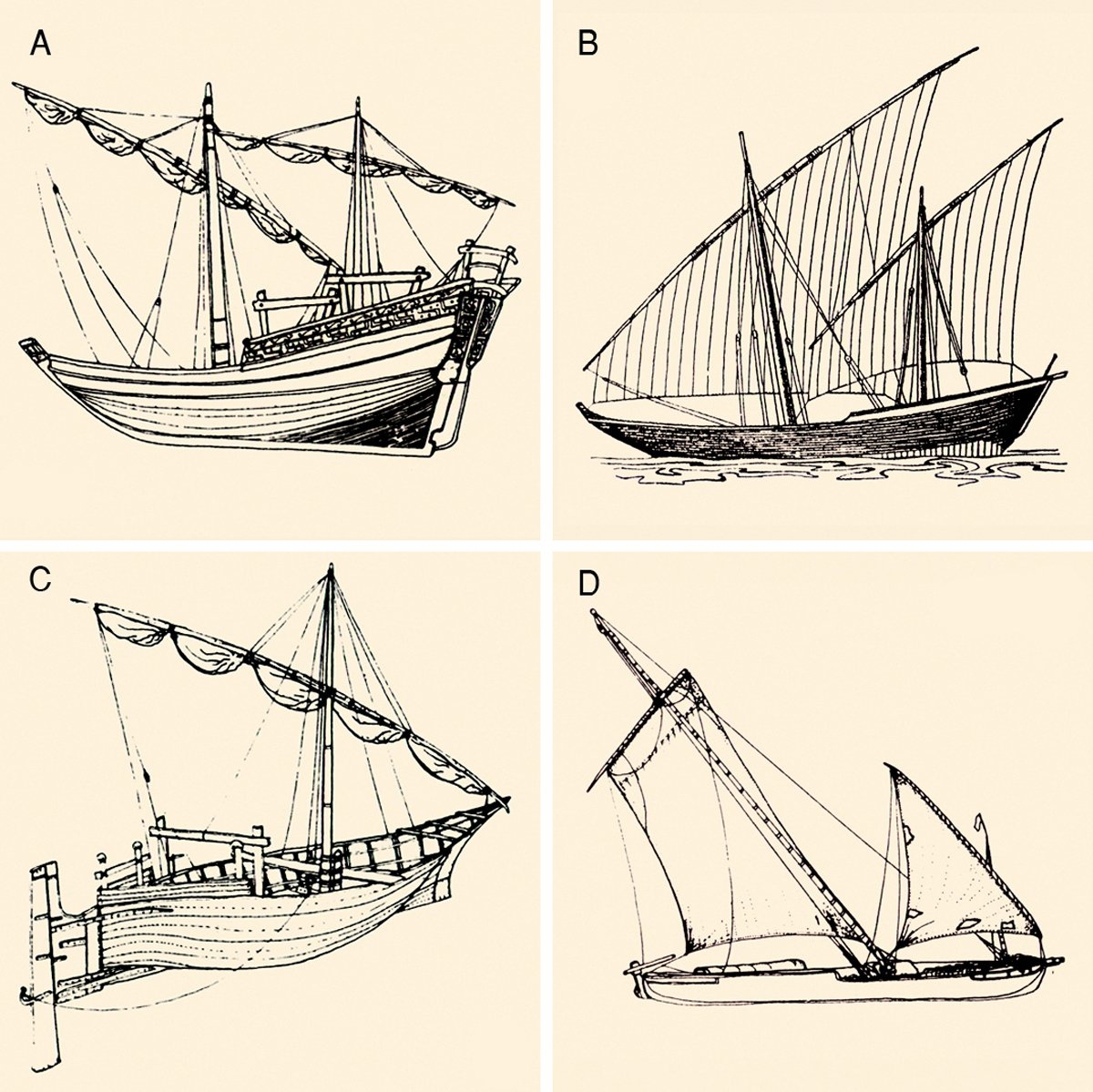 Bazı Arap gemilerine ait çizimler:A) Sünbûk B) Beggale C) Zevrak D) Dehû