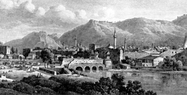 Âsi nehrinin doğu yakasından Köprükapı ile arka plandaki şehrin görünüşü (L. F. Cassas, Voyage pittoresque de la Syrie et de la Basse-Egypte, Paris 1799, tablo 3)